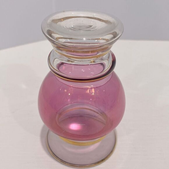 Vintage Cranberry & Clear Glass Mini Vase With Gold Trim - Picture 3 of 5